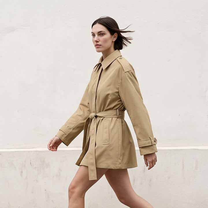 Women's short trench coat with waist belt, shoulder flaps, and adjustable cuffs Amarae