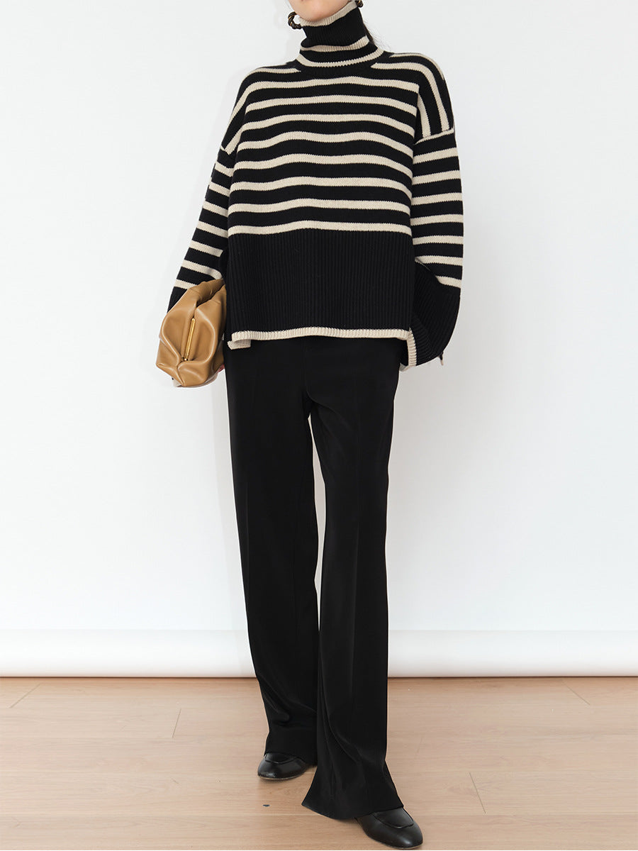 Pull turtleneck en tricot épais pour femmes avec motif rayé maritime et coupe décontractée Chic & Stil