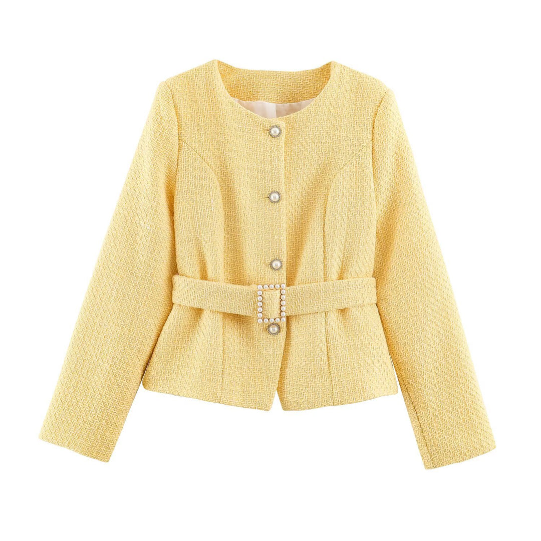 Women's short jacket in boucle tweed style with pearl buttons and waist belt Amarae