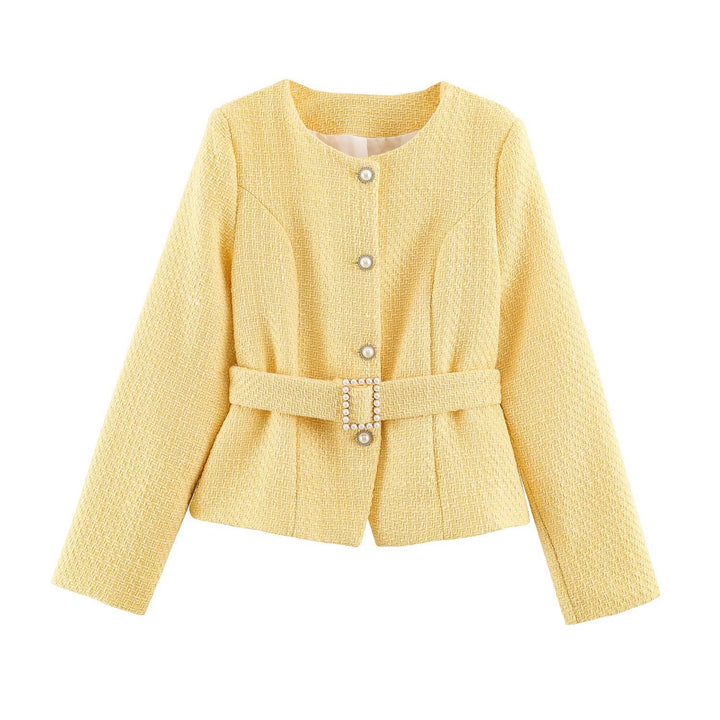 Women's short jacket in boucle tweed style with pearl buttons and waist belt Amarae