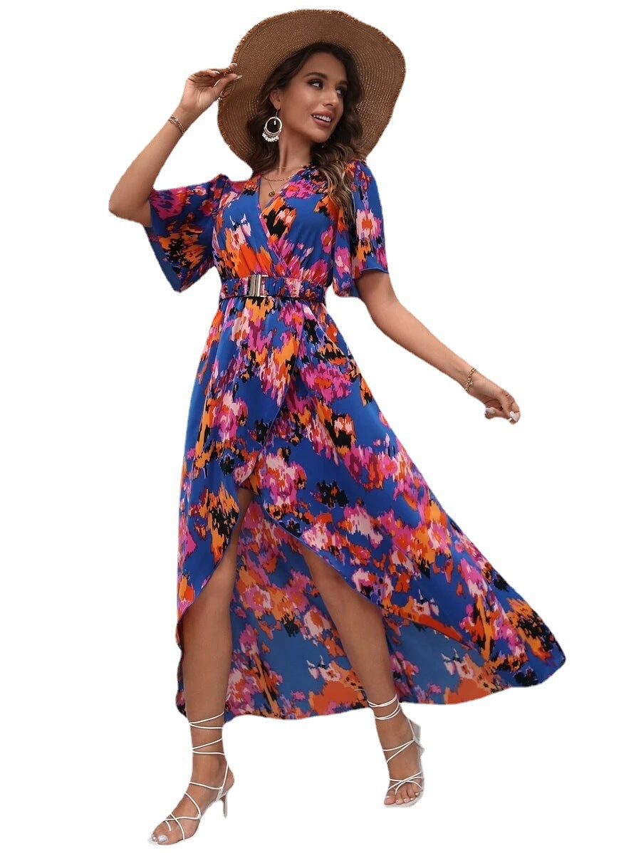 Maxi floral dress with long sleeves for women with belt pouch Lune London