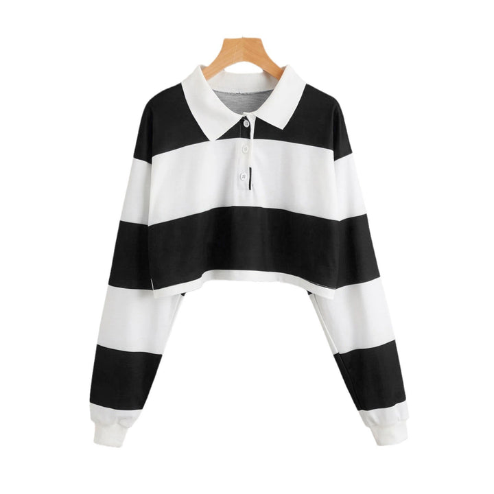 Women's Short Sleeve Polo Sweater with Colorful Stripes Chic & Stil
