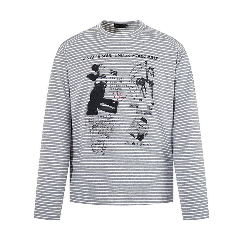 Men's Striped Long Sleeve in Relaxed Fit with Vintage Graphic Print Amarae