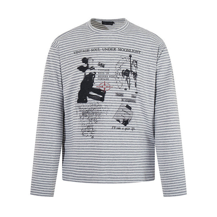 Men's Striped Long Sleeve in Relaxed Fit with Vintage Graphic Print Amarae