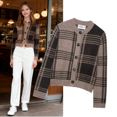 Ladies checkered cardigan with button placket and soft material Amarae