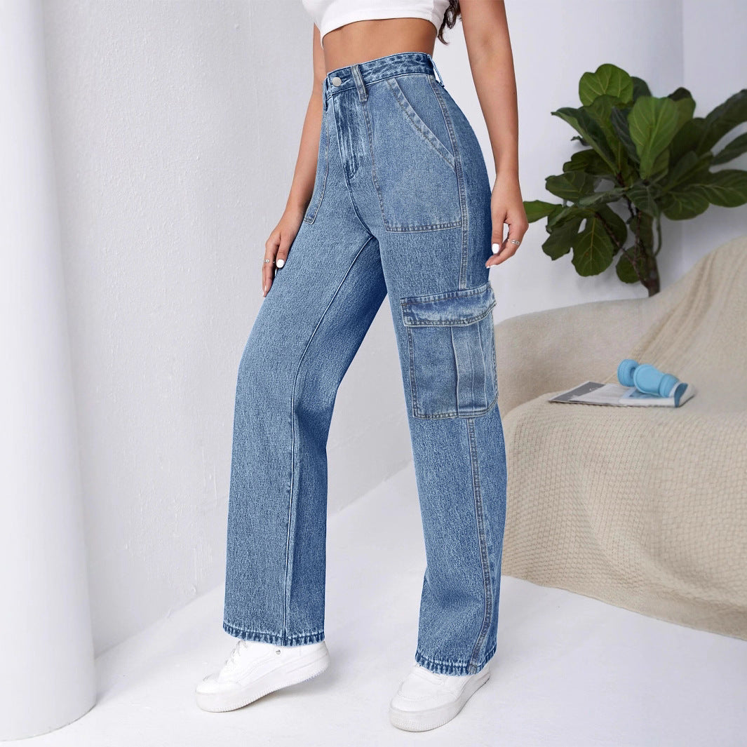 Women High-Waisted Cargo Wide Jeans with Patch Pockets and Elastic Hem Amarae