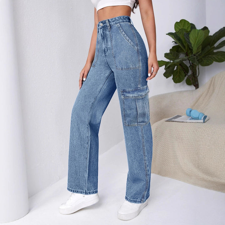 Women High-Waisted Cargo Wide Jeans with Patch Pockets and Elastic Hem Amarae