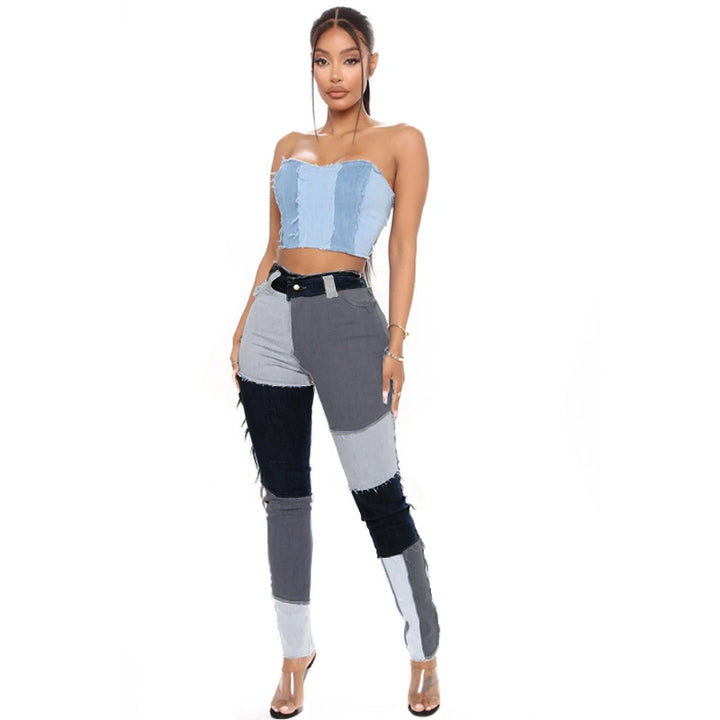 Fashionable denim pants for women with chic patchwork design.