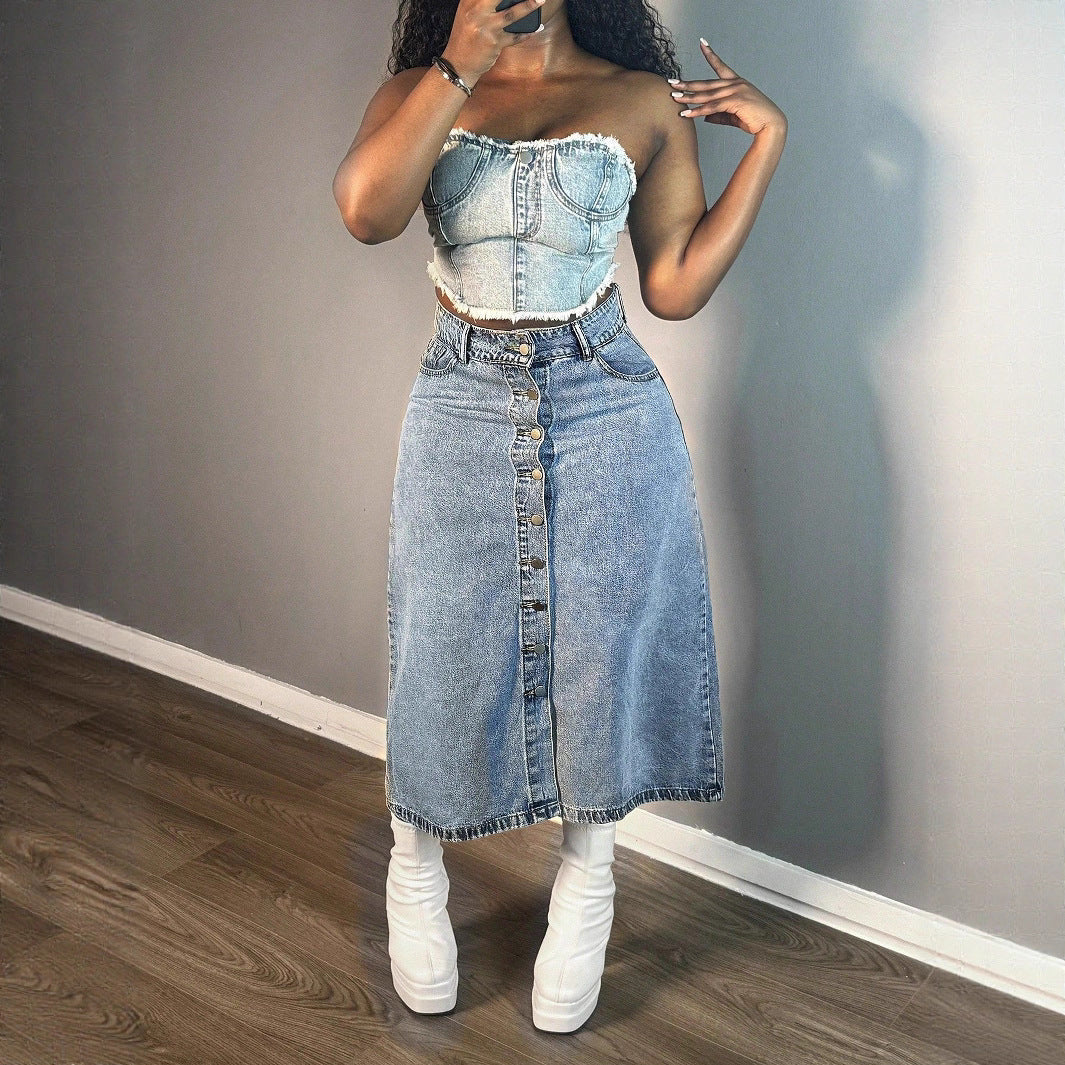Ladies mid-length denim skirt with continuous button placket and high-waisted A-line cut Amarae
