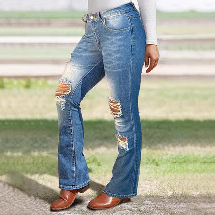 Women's Bootcut Jeans with Knee Rips made of Stretch Denim and Mid Rise Amarae