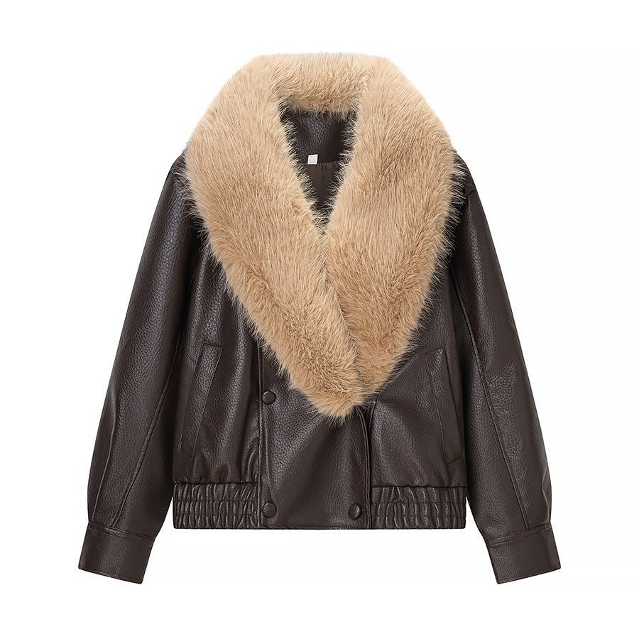 Women Quilted Leather Look Blouson with Voluminous Fur Collar Amarae