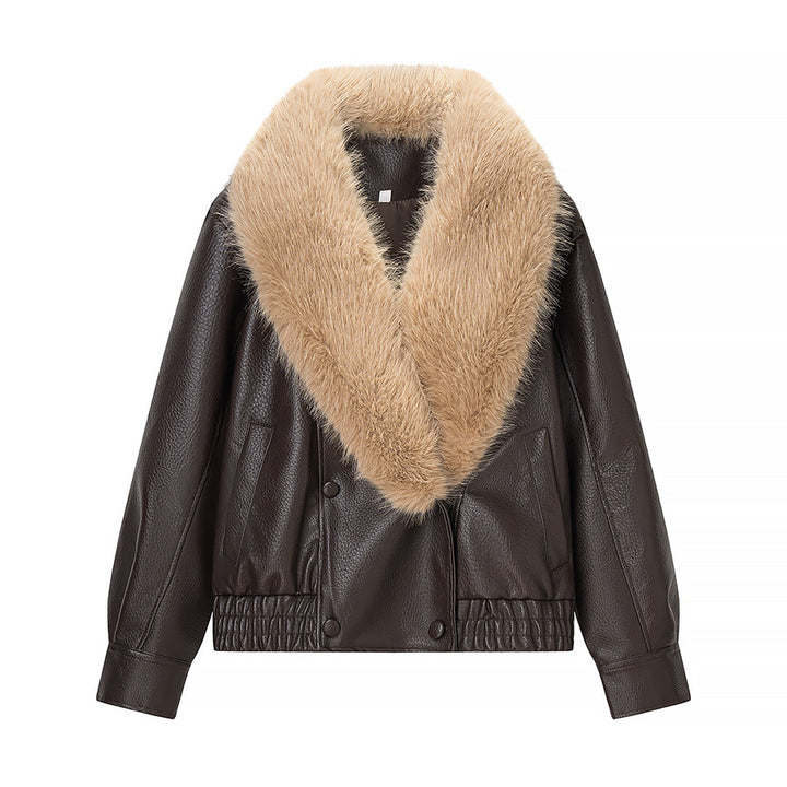 Women Quilted Leather Look Blouson with Voluminous Fur Collar Amarae