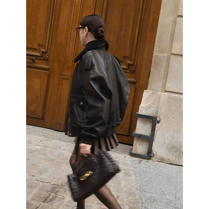 Leather jacket for women with large collar and relaxed fit Lune London
