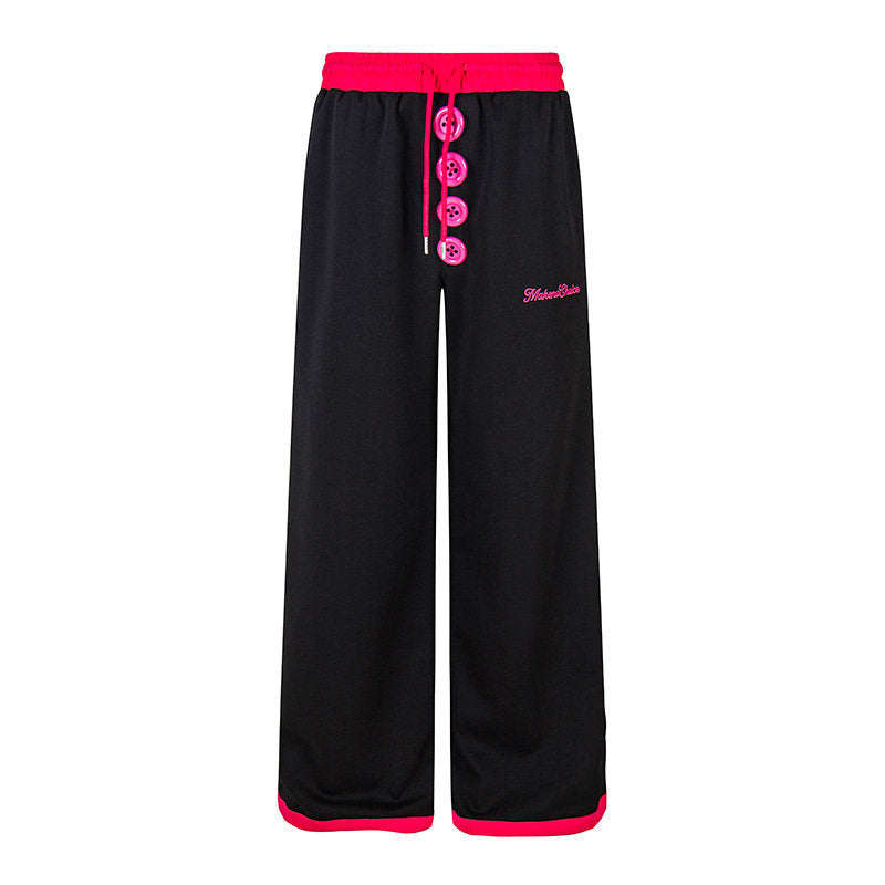 Women Wide Lounge Pants with Decorative Button Placket, High Waist and Drawstring Amarae