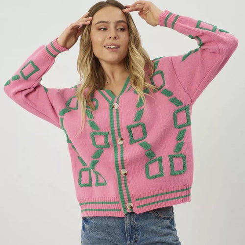 Cardigan pour femmes avec motif géométrique coloré et détails de boutons Chic & Stil