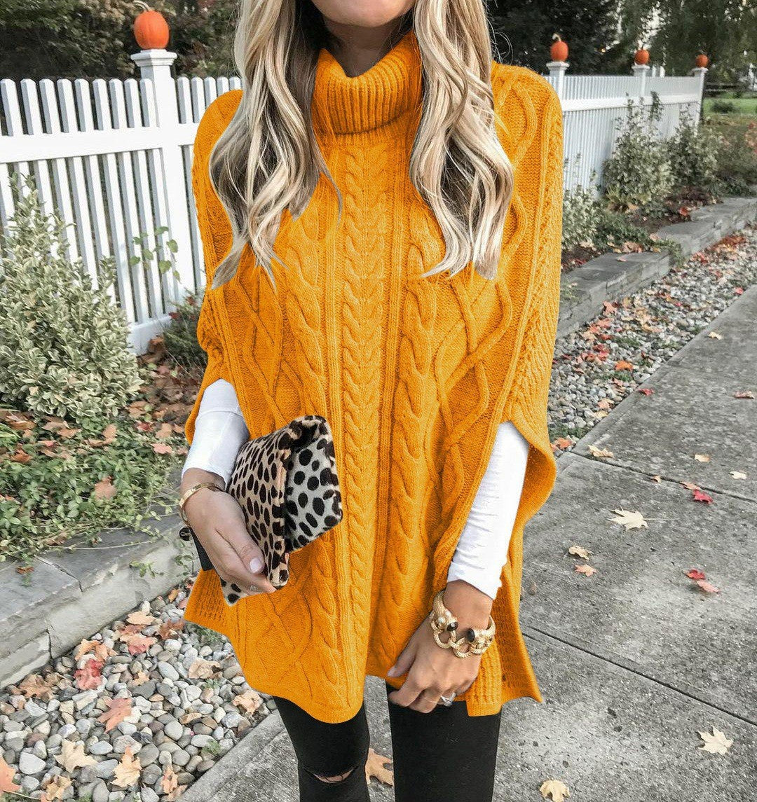 Knit poncho for women with high collar and decorative braided pattern Lune London