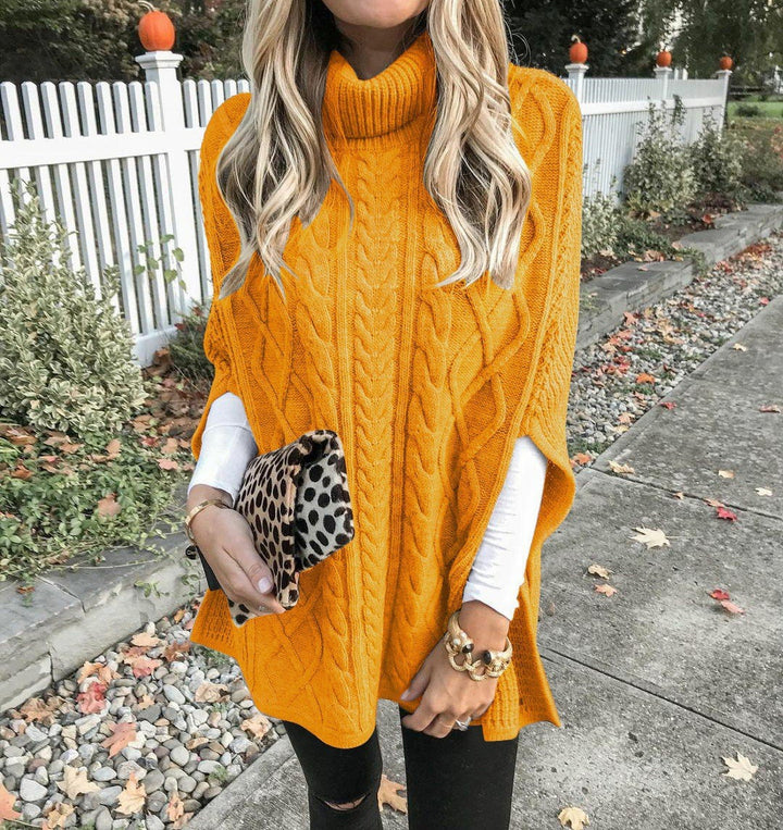 Knit poncho for women with high collar and decorative braided pattern Lune London