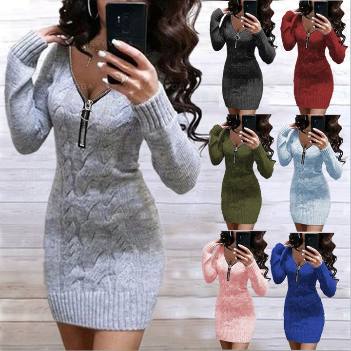 Ladies Knit Dress with Zipper and Cable Pattern Lune London