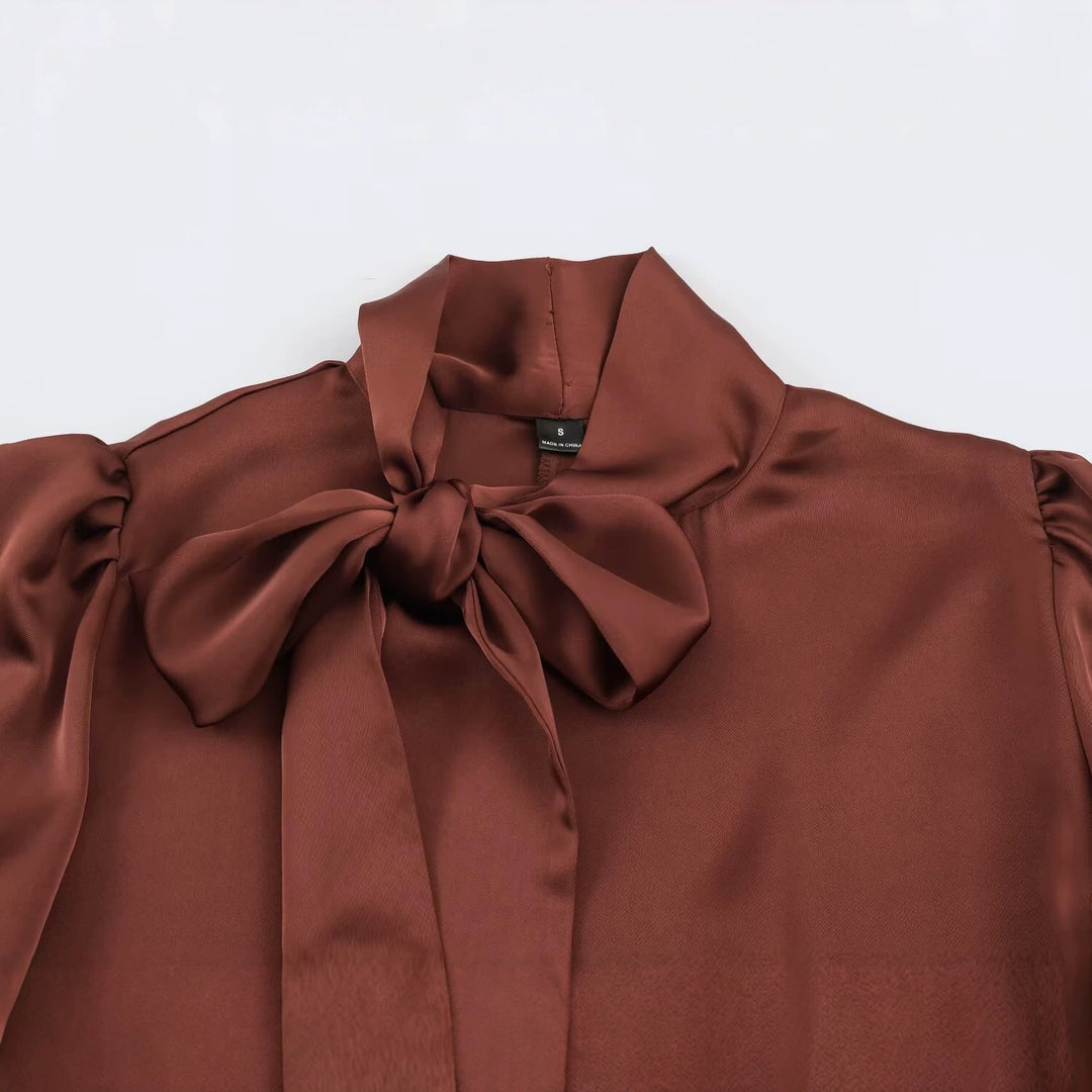 Ladies Two-Piece Satin Set with Bow Blouse and Pleated Culotte Amarae