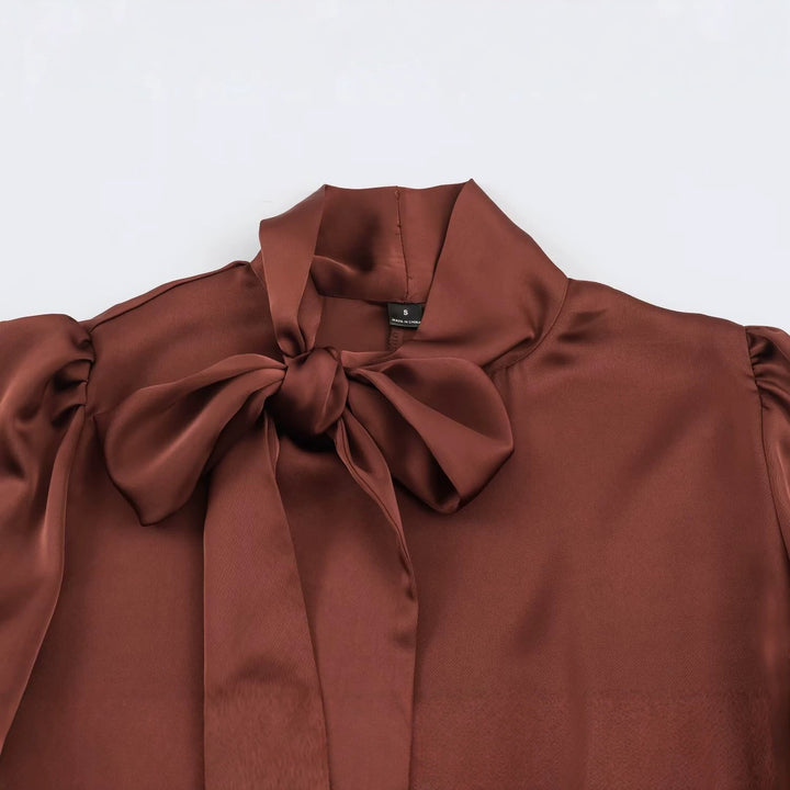 Ladies Two-Piece Satin Set with Bow Blouse and Pleated Culotte Amarae