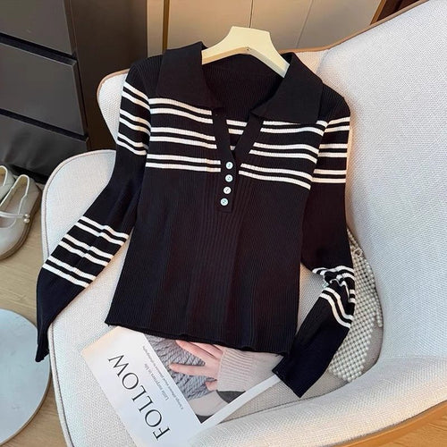 Sweat à rayures pour femmes avec patte de boutonnage et col classique Chic & Stil