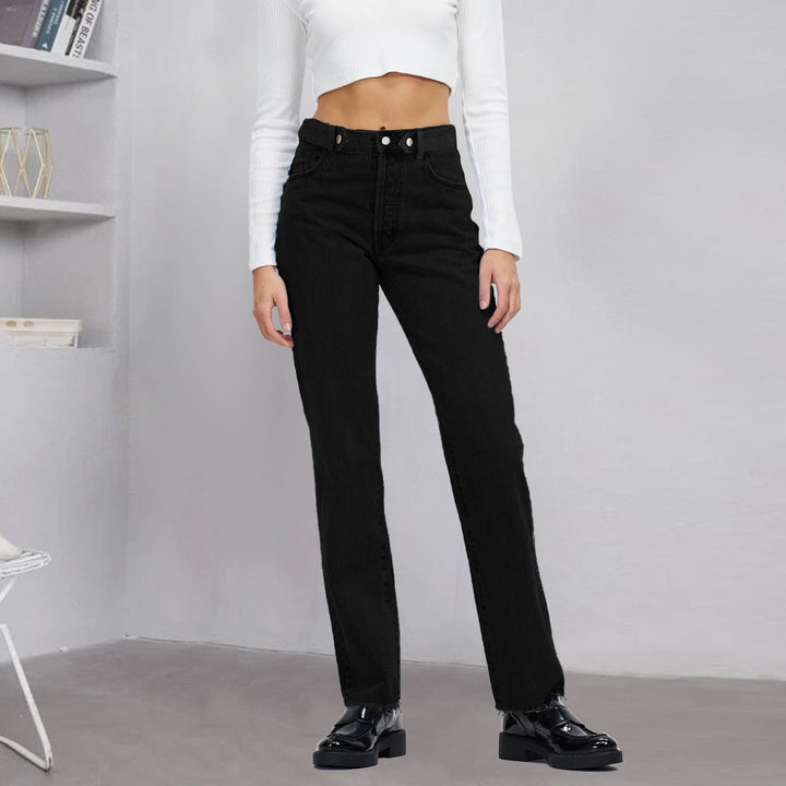 Women high-waisted straight-cut jeans made of rigid denim with raw hem Amarae