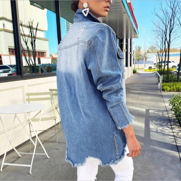 Women's Oversized Denim Jacket with Destroyed Details, Longer Cut and Frayed Hem Amarae