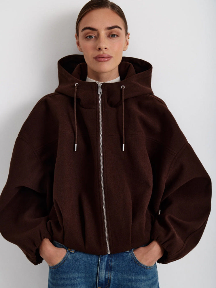 Women’s short jacket made of wool blend with hood, boxy silhouette & gathered hem Amarae