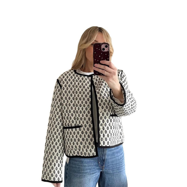 Women's Short Boxy Quilted Jacket with Contrast Piping and Round Neckline Amarae