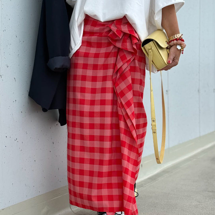 Women's maxi skirt with Vichy check, side ruffle gathering & wrap look Amarae