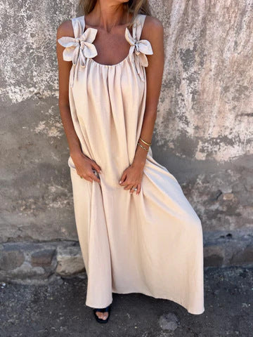 Fluid maxi dress for women with decorative ties at the shoulders Lune London