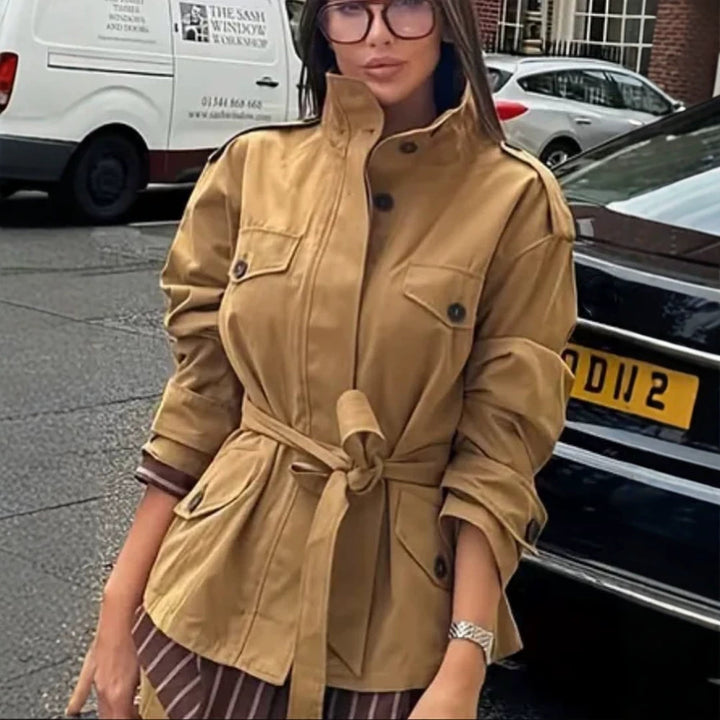 Women's Tailored Utility Jacket with Tie Belt, High Stand Collar and Flap Pockets Amarae