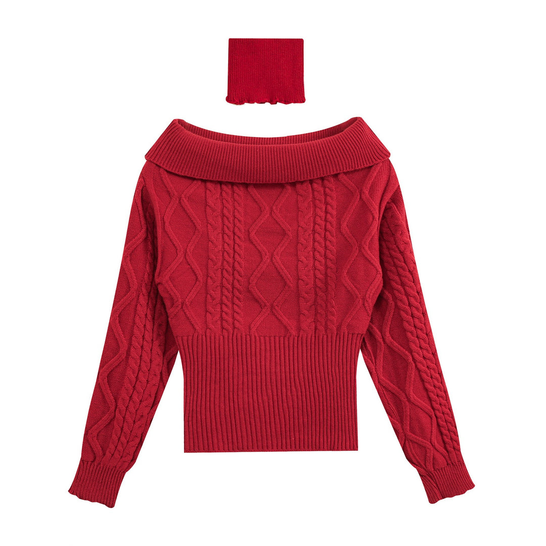 Women's Off-Shoulder Cable Knit Sweater with Wide Ribbed Cuff and Folded Collar Amarae