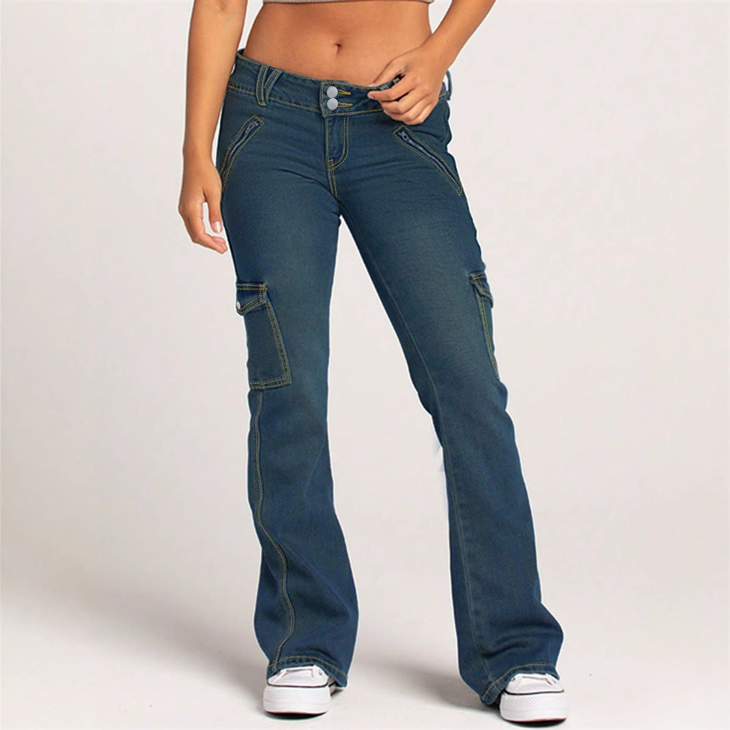 Ladies Cargo Flared Jeans with mid-rise waistband, decorative seams and patch pockets Amarae