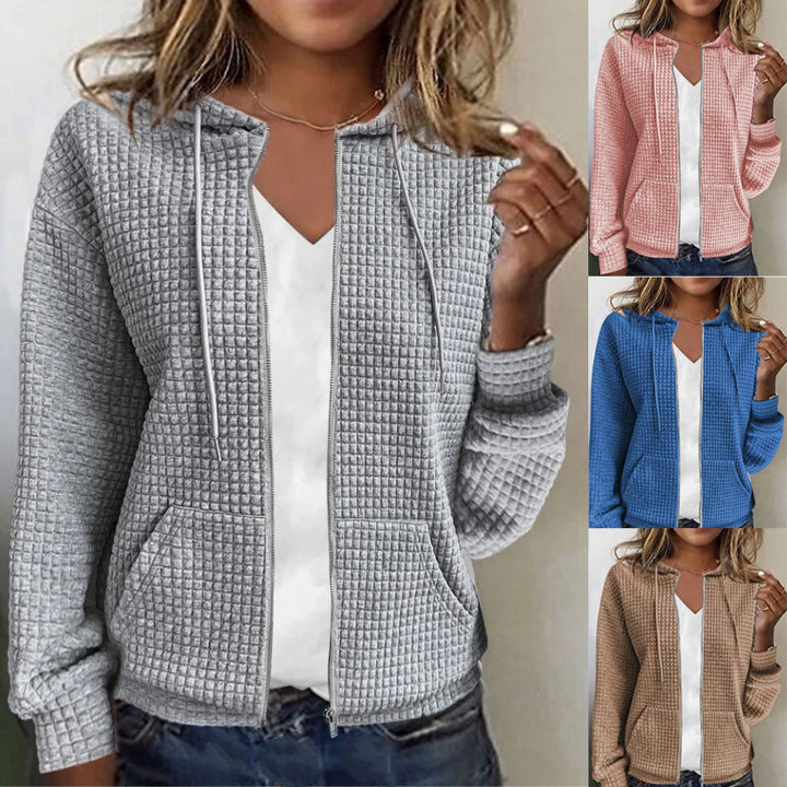 Hooded jacket in waffle structure for women with full zip and practical pockets Lune London
