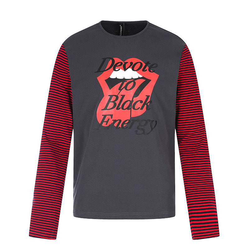 Men's Long Sleeve Shirt with Contrast Stripe Sleeves and Large Lip Statement Print Amarae