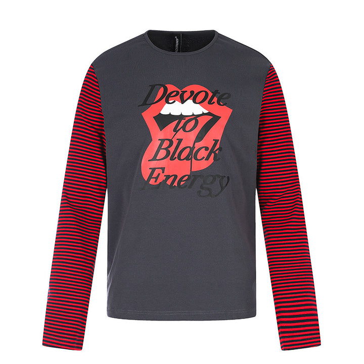 Men's Long Sleeve Shirt with Contrast Stripe Sleeves and Large Lip Statement Print Amarae