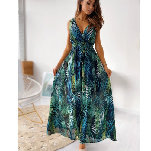 Maxi dress with tropical print for women with adjustable belt Amarae
