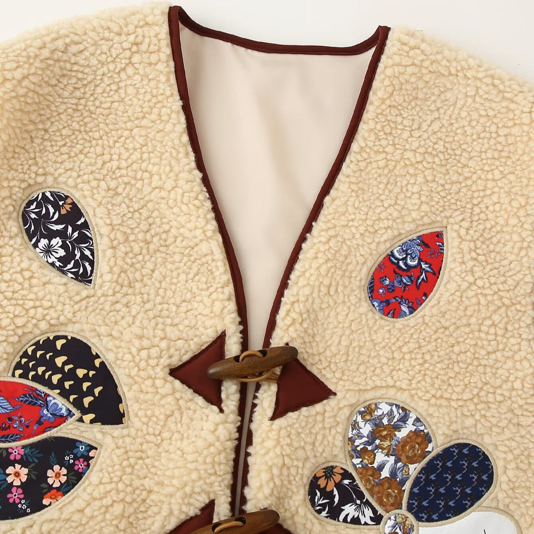 Ladies Padded Teddy Vest with Patchwork Applications and Toggle Closures Amarae