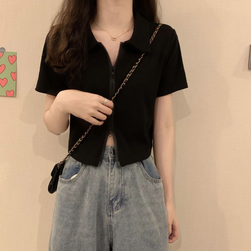 Women Cropped Polo Shirt with Zipper and Textured Finish Lune London