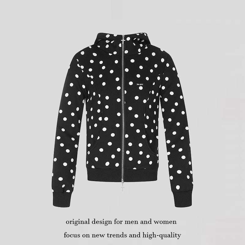 Women's Figure-Hugging Hooded Sweat Jacket with Polka Dot Pattern, Metal Front Zipper and Kangaroo Pockets Amarae