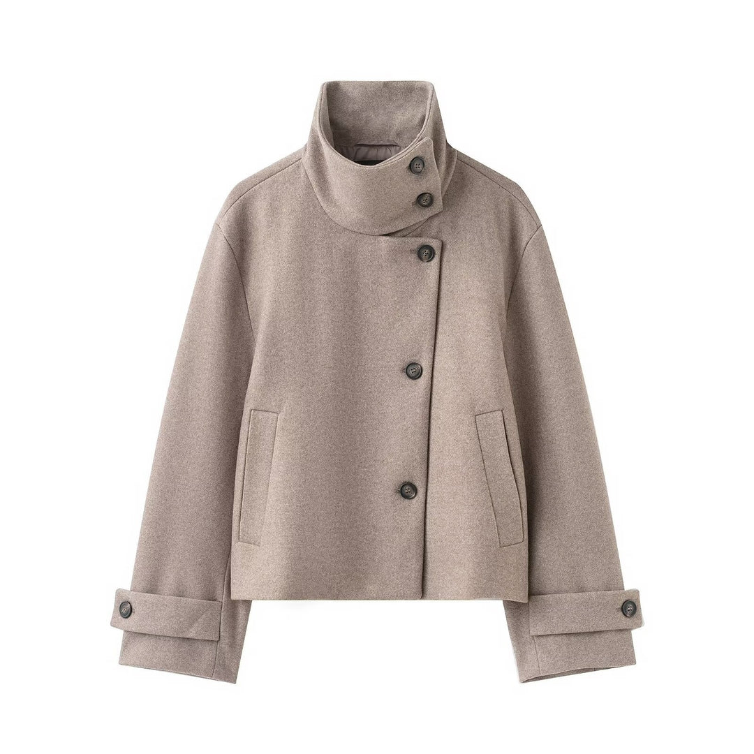 Women's Cropped Wool Blend Short Jacket with High Stand Collar, Asymmetric Button Placket and Cuffed Sleeves Amarae