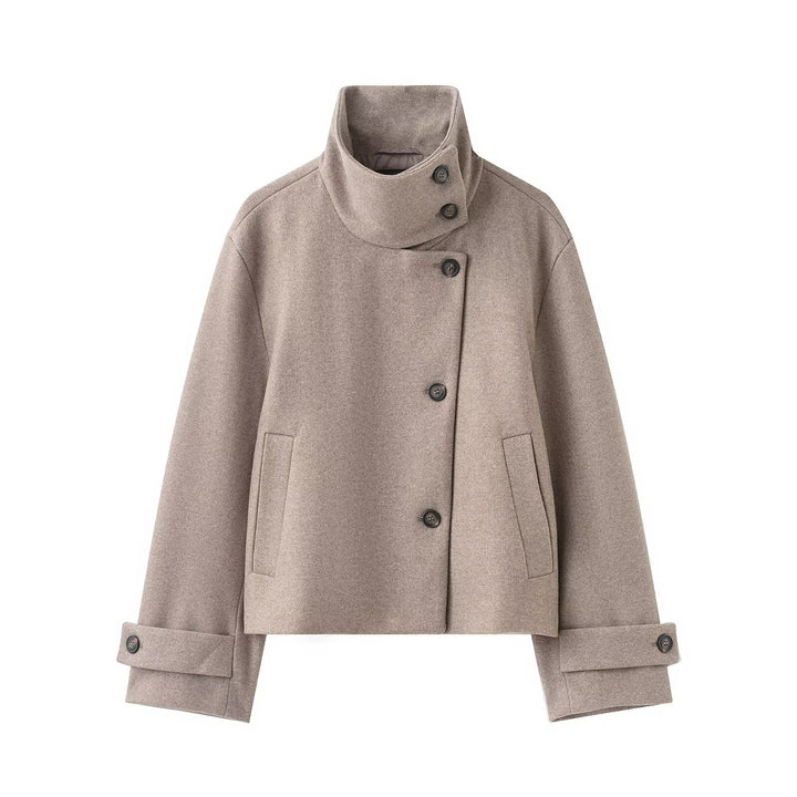 Women's Cropped Wool Blend Short Jacket with High Stand Collar, Asymmetric Button Placket and Cuffed Sleeves Amarae