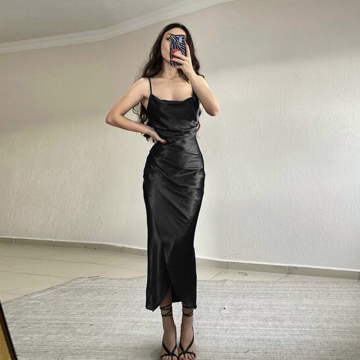 Elegant Maxi Dress for Women with Refined Draped Cut and Chic Thin Spaghetti Straps