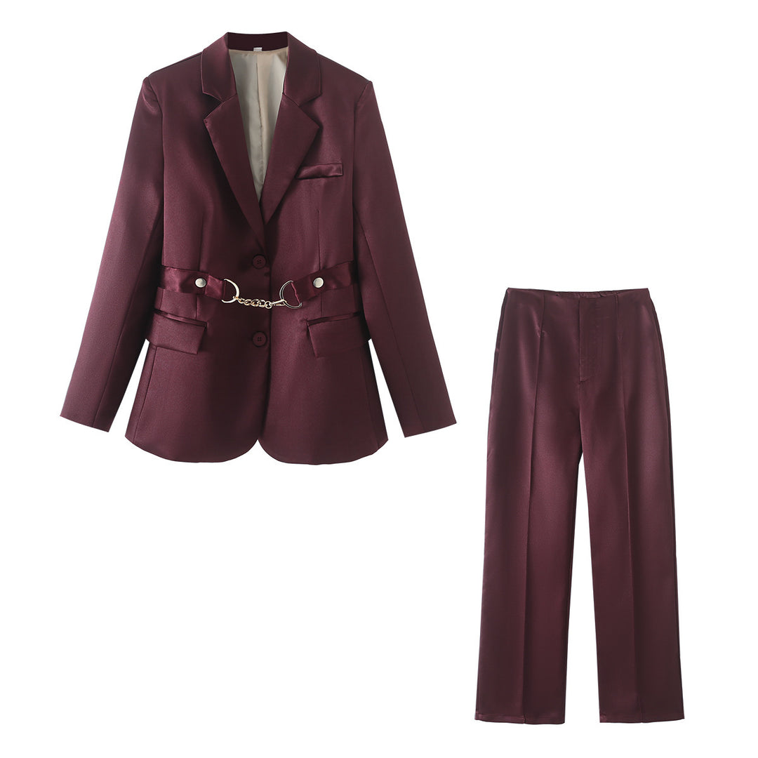Ladies elegant satin blazer suit with chain accent Lune London