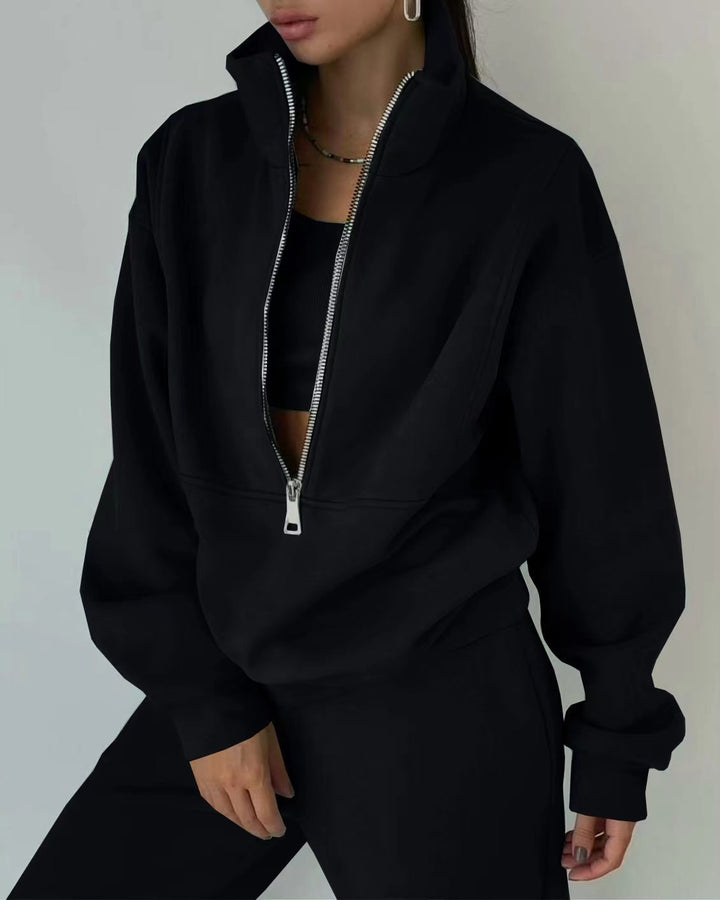 Ladies high-quality zip sweater with high collar and soft interior Lune London