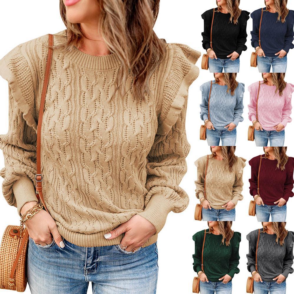Women's loose knit sweater with ruffled columns and a trendy Lune London pattern