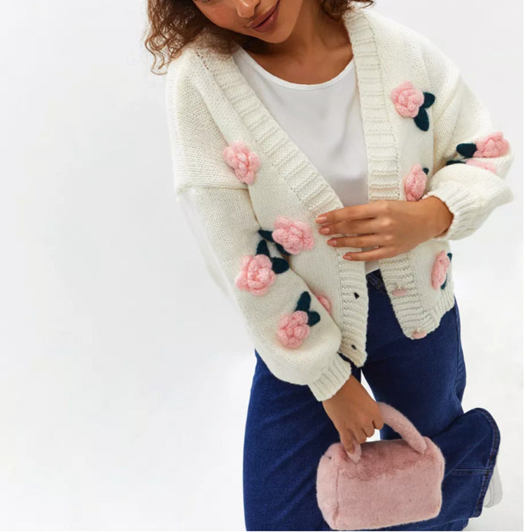Ladies playful cardigan with floral appliqués Lune London