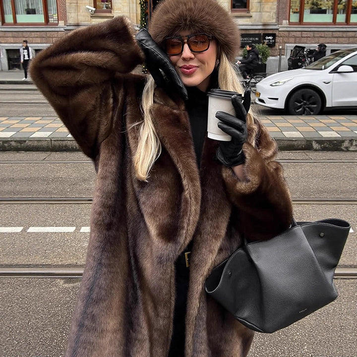 Women Luxurious Long Faux Fur Coat with Oversized Cut and Warming Lining Amarae