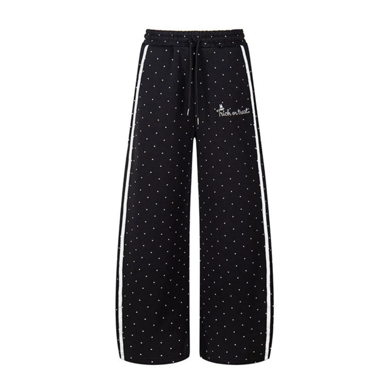 Women's Extra Wide Palazzo Sweatpants in Polka Dot Design with Elastic Comfort Waistband and Side Contrast Stripes Amarae